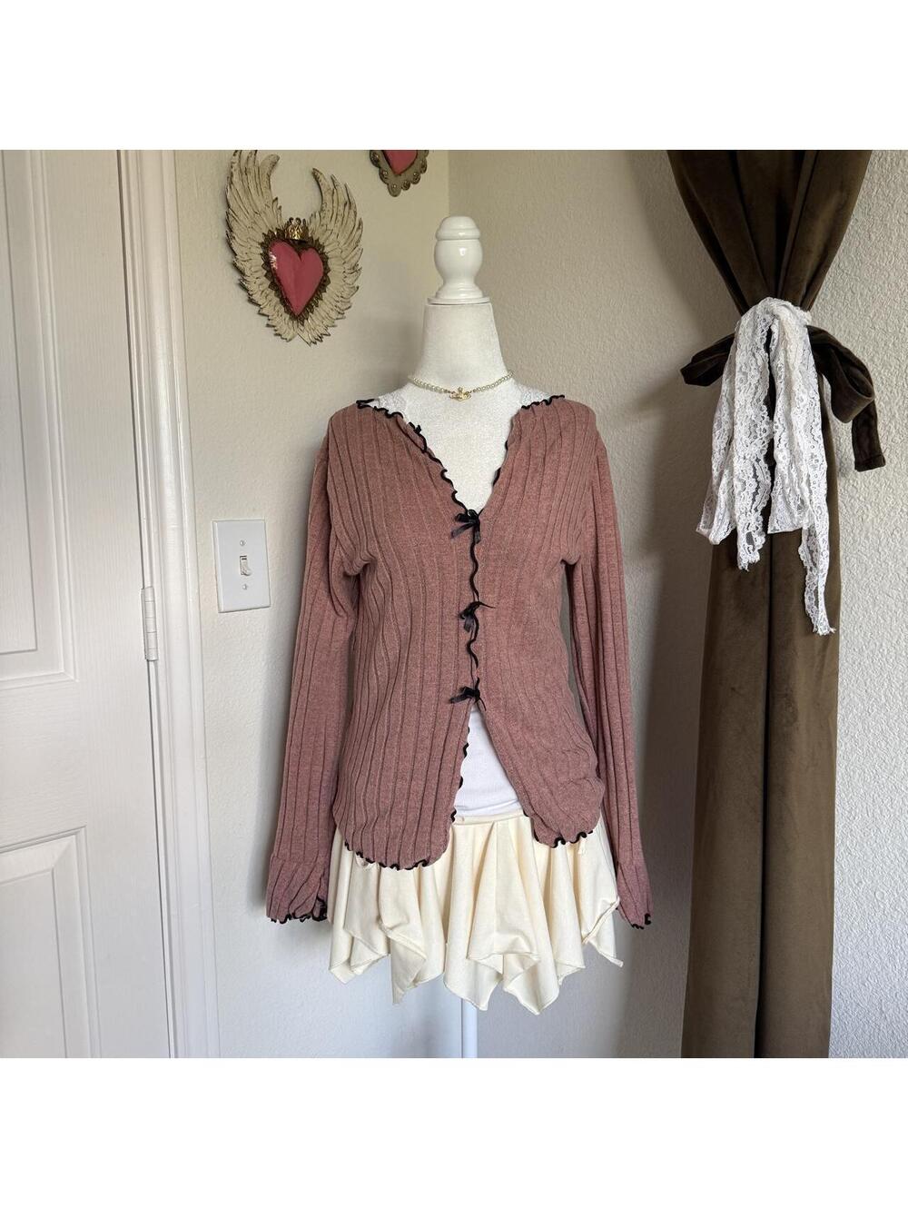 Pink Ribbed Knit Cardigan Black Bow Ties Size L Coquette Softgirl Fairycore